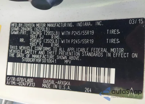 2015 Toyota Highlander Hybrid Limited Platinum V6 z USA, uszkodzony, nr VIN 5TDDCRFH9FS010641